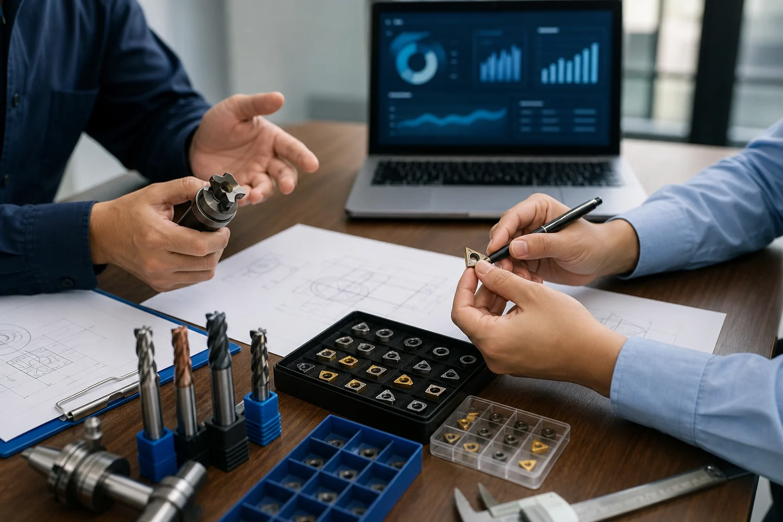 Engenheiros comparando amostras de ferramentas e documentos técnicos