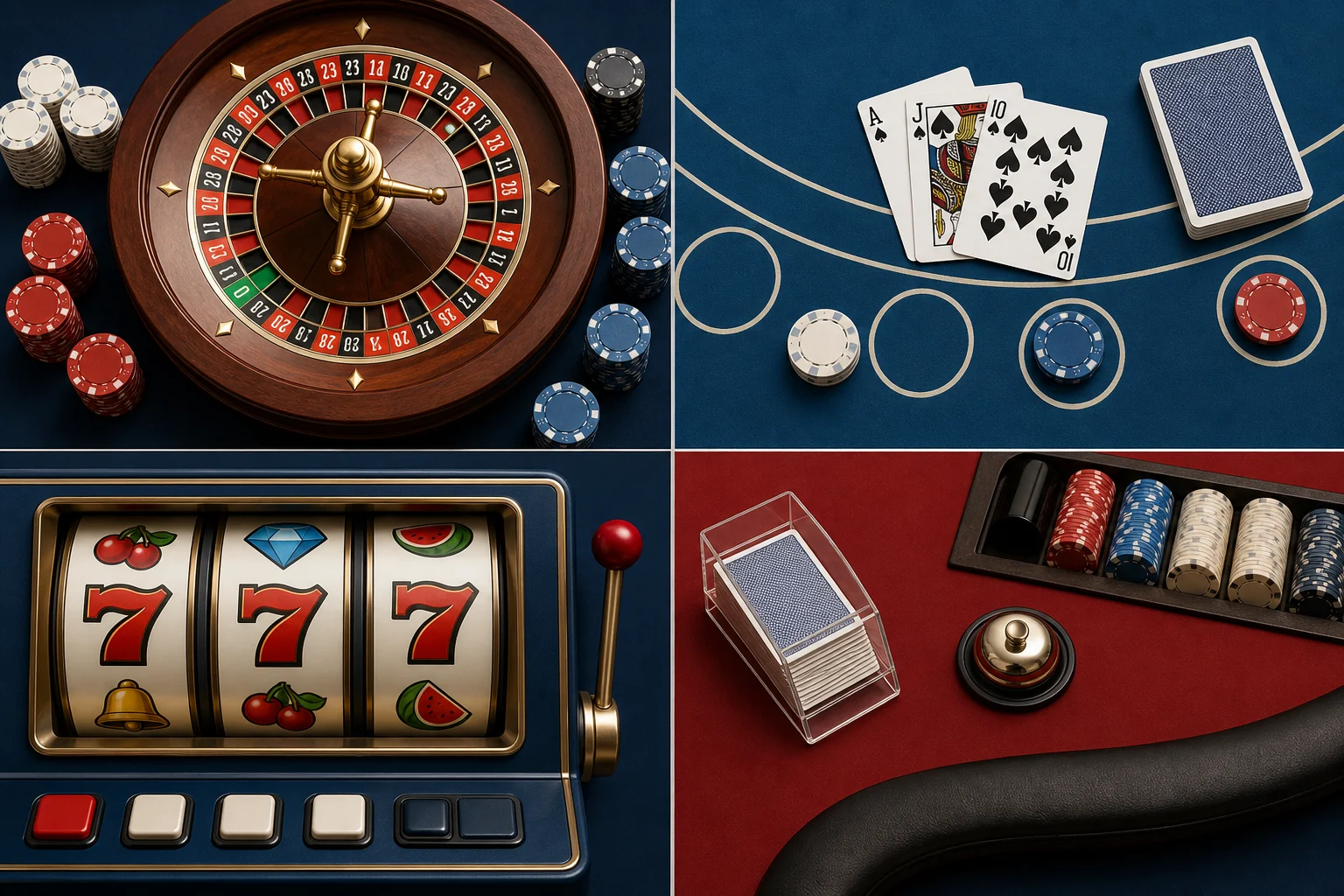 Composição dividida com roleta, blackjack, jogos de rolos e mesa ao vivo